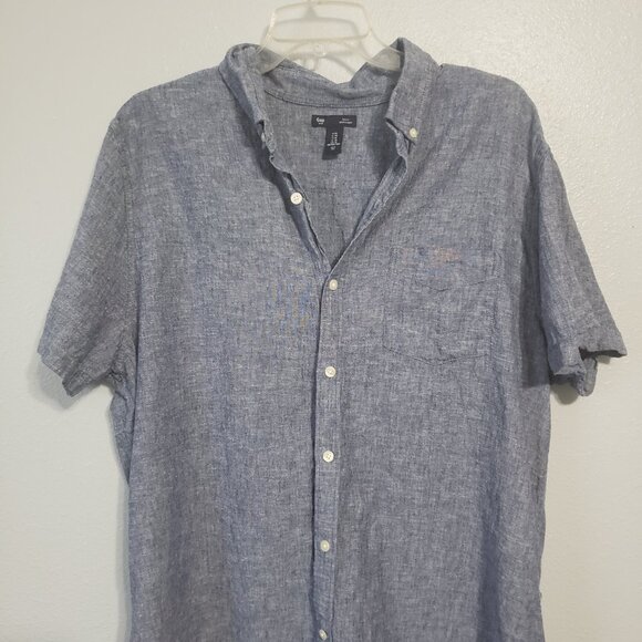 Gap Mens Linen Blend Button Up Shirt XL Slim Fit Blue Short Sleeve Chambray - Picture 8 of 12